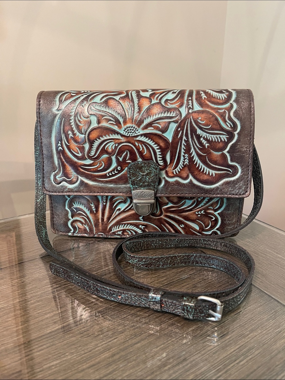 Patricia Nash Turquoise & Brown Tooled Leather Crossbody - Clutch Handbag